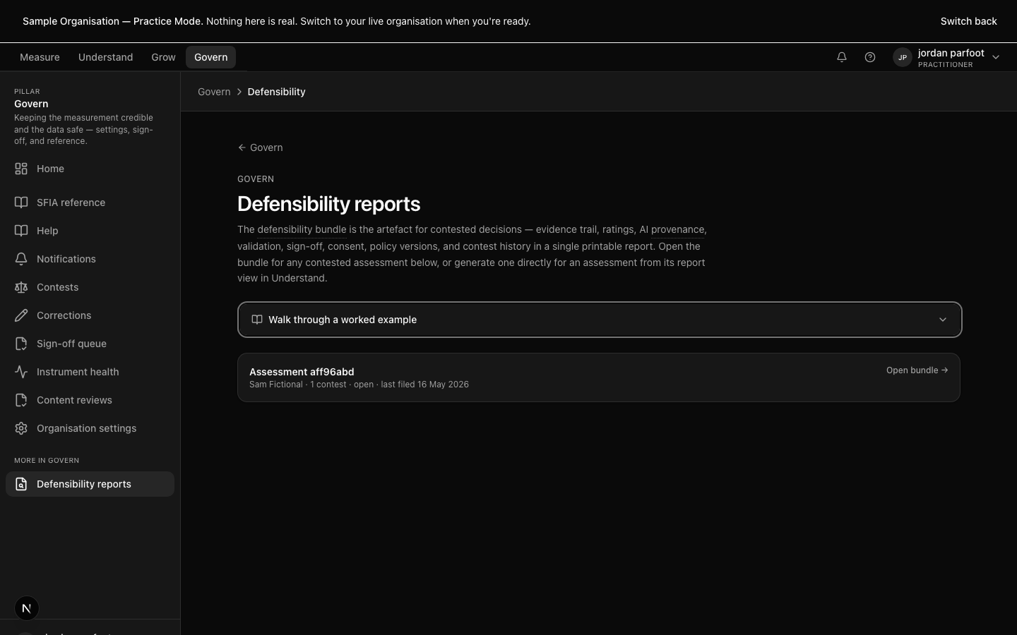 A defensibility bundle — consent record, evidence citations, sign-off chain, AI provenance, calibration history, contest activity.