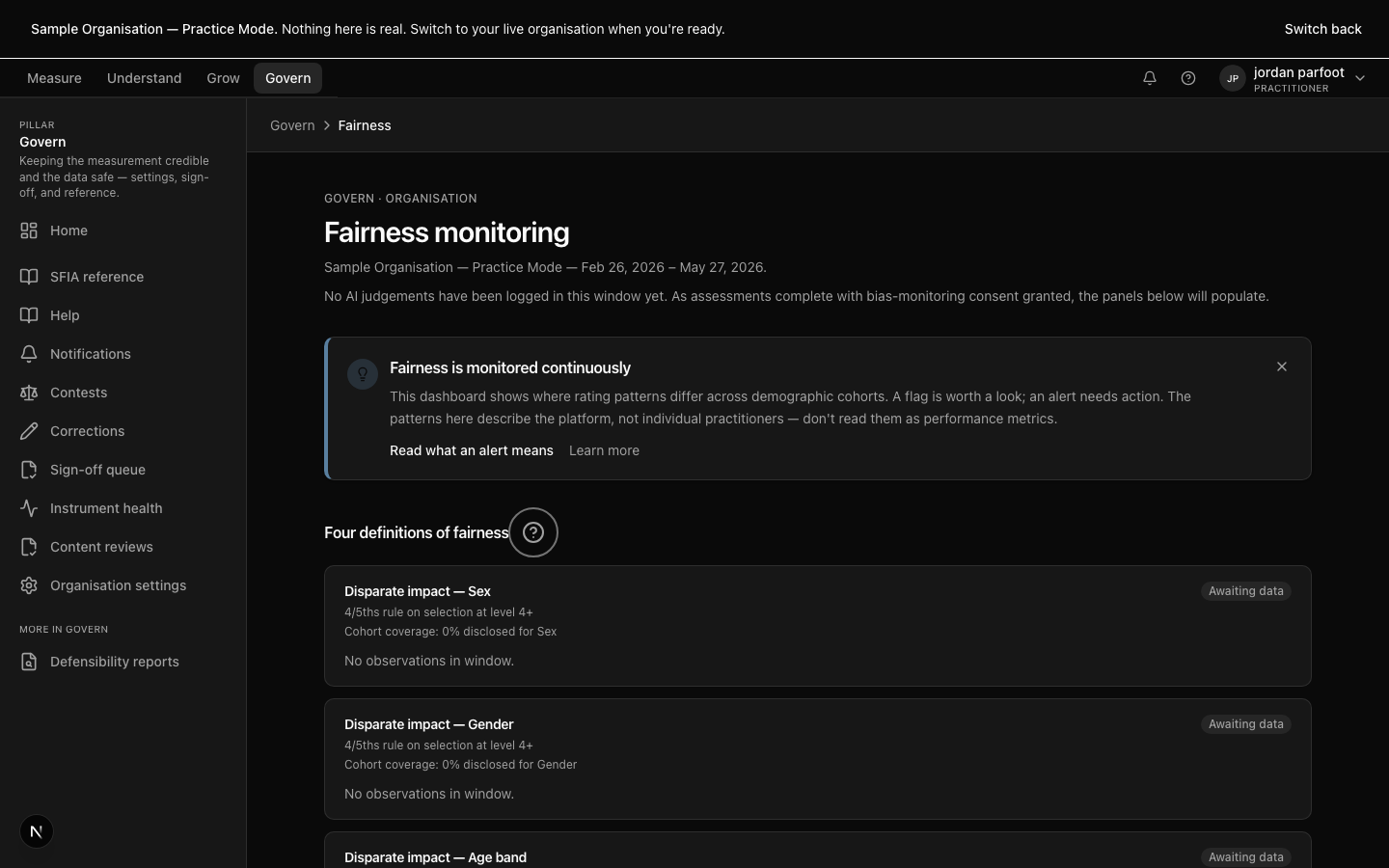The fairness dashboard — per-attribute bias signals on your own work, with sector-tuned bands.