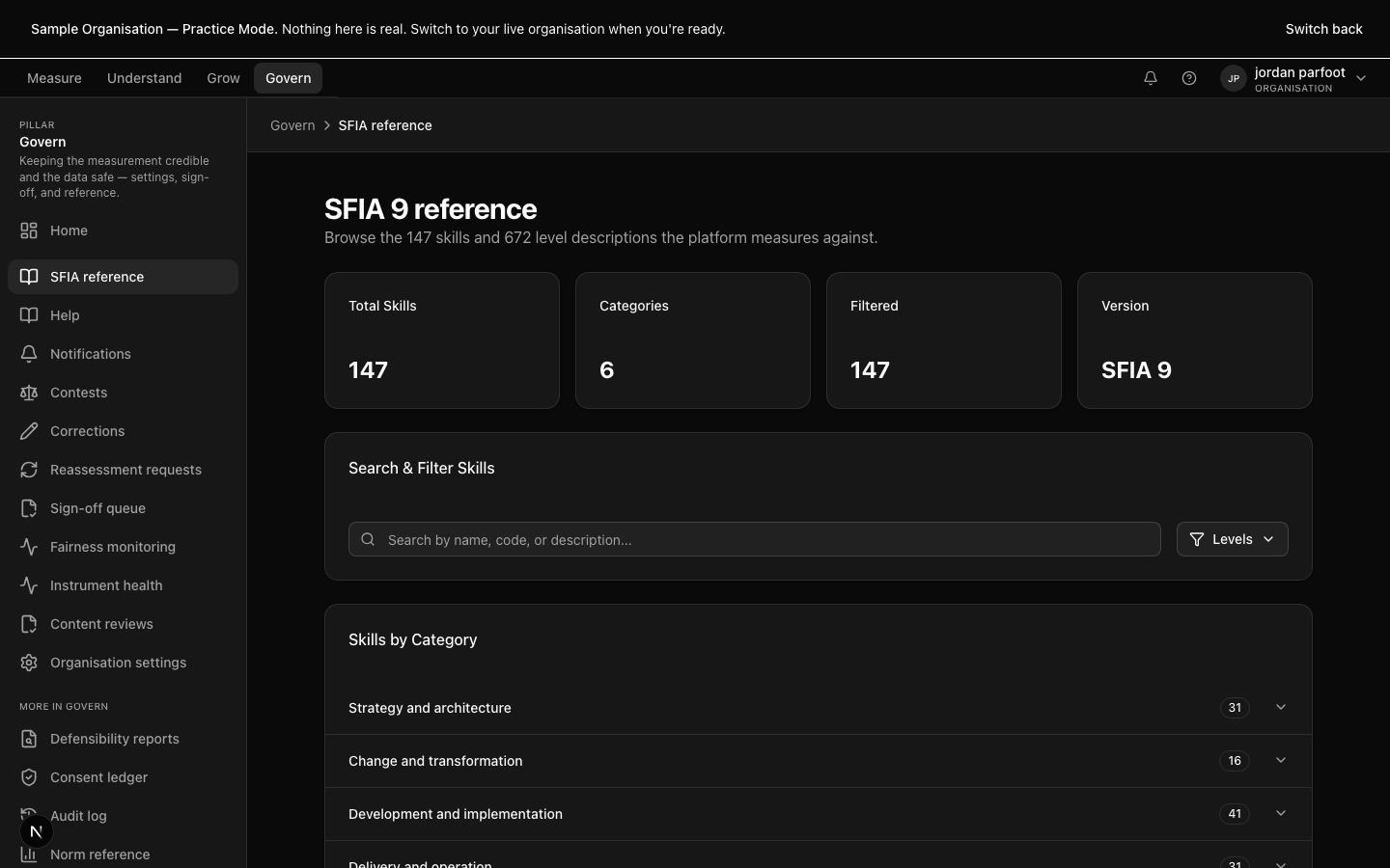The assessment-create wizard with the framework selector open — SFIA 9, leadership frameworks, and custom frameworks listed.