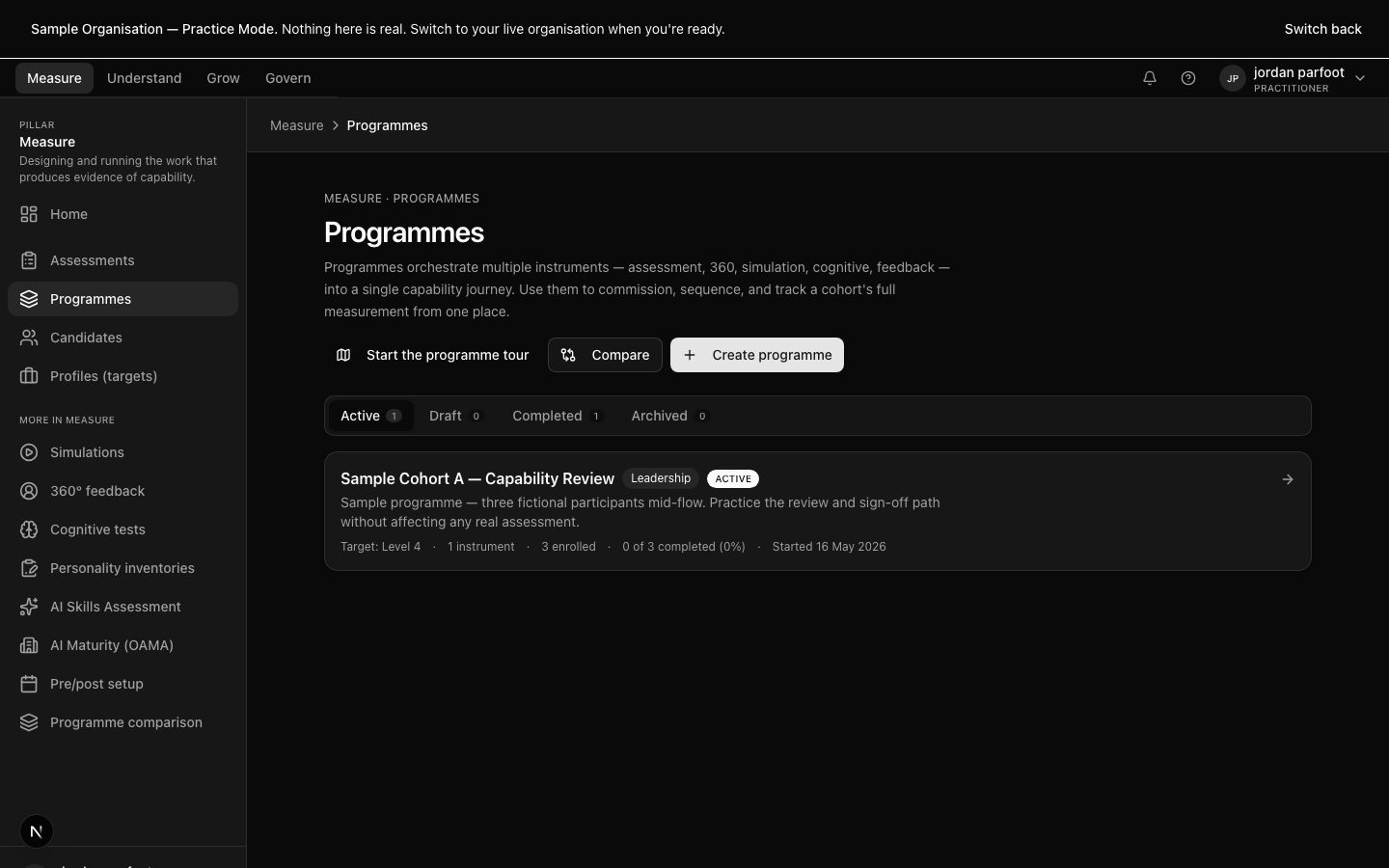 The programme template gallery — six sector-keyed templates with instrument mix and sign-off chain shown.