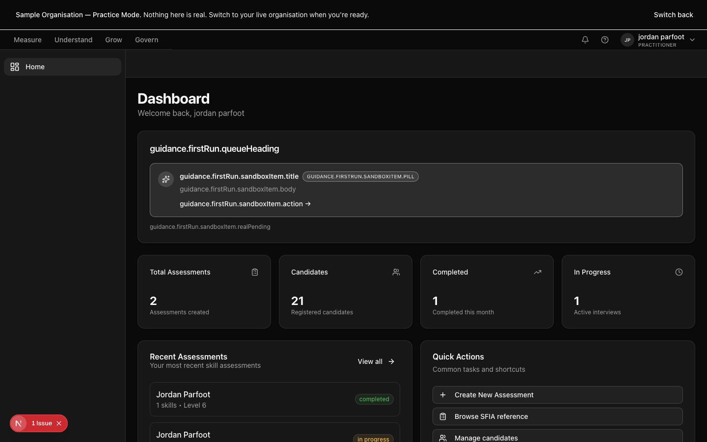 The Capable dashboard with the four pillars — Measure, Understand, Grow, Govern — laid out across the top navigation, and an active programme summary below.