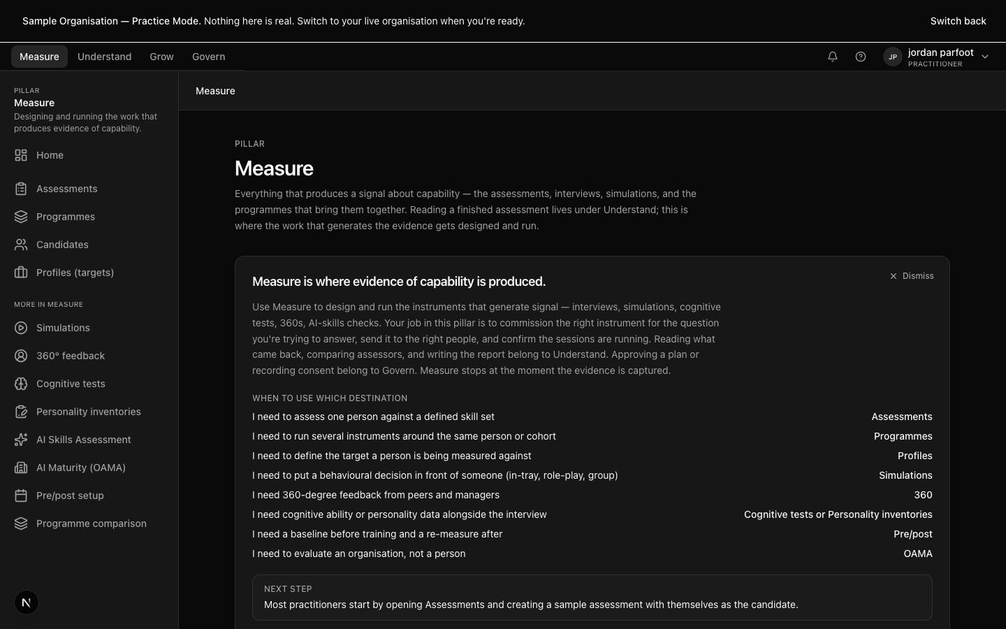 The Measure pillar landing page listing instrument types and the programme library.