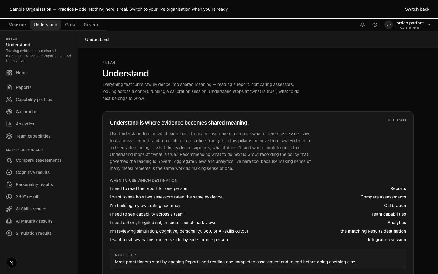 The Understand pillar — an assessment report with evidence citations beside each rating.